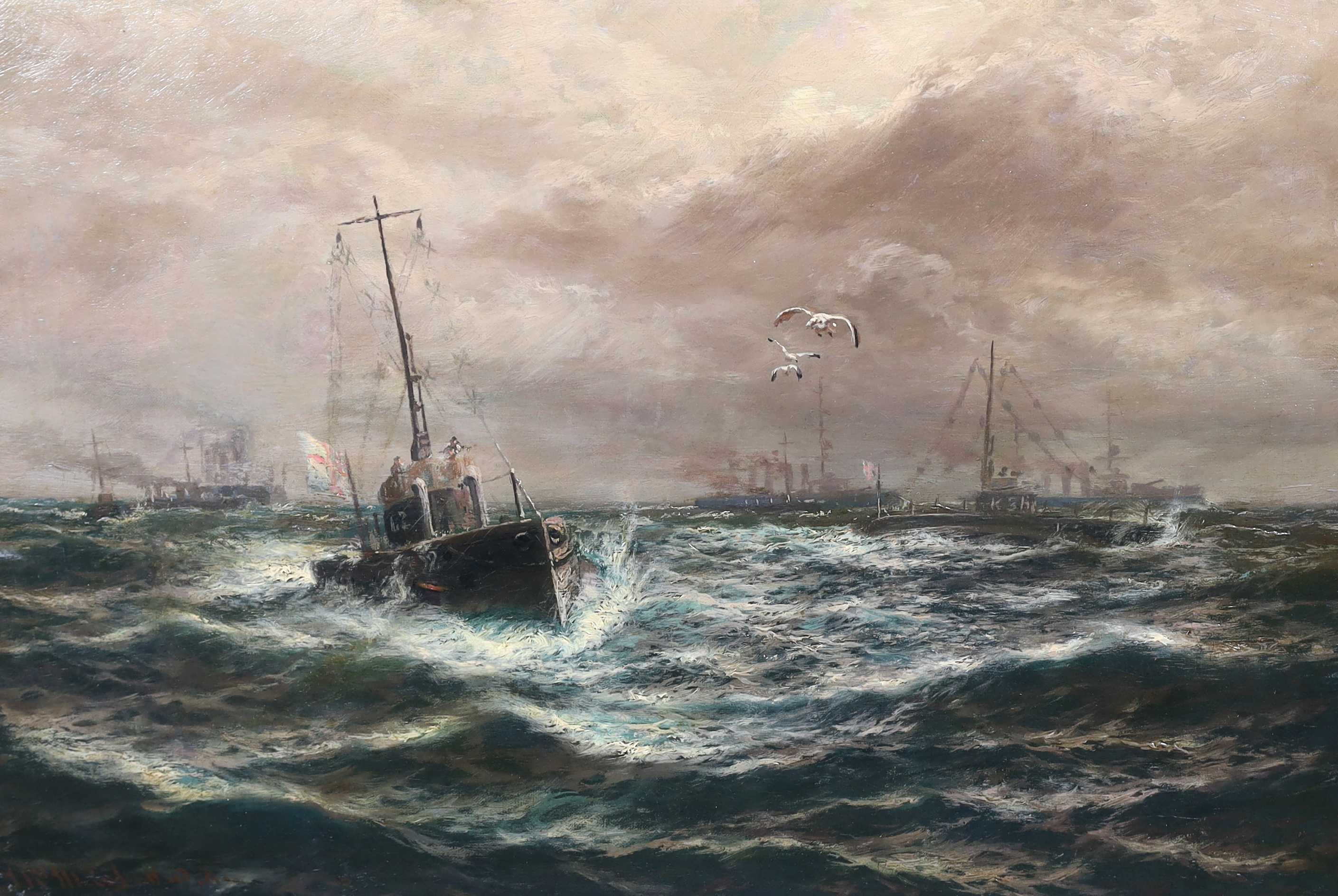 Thomas Rose Miles (English, 1844-1916), 'A Surface Run of Submarines', oil on canvas, 41 x 61cm